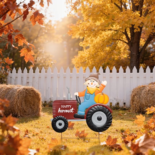 Glitzhome® 30" Fall Metal Tractor & Scarecrow Yard Stake
